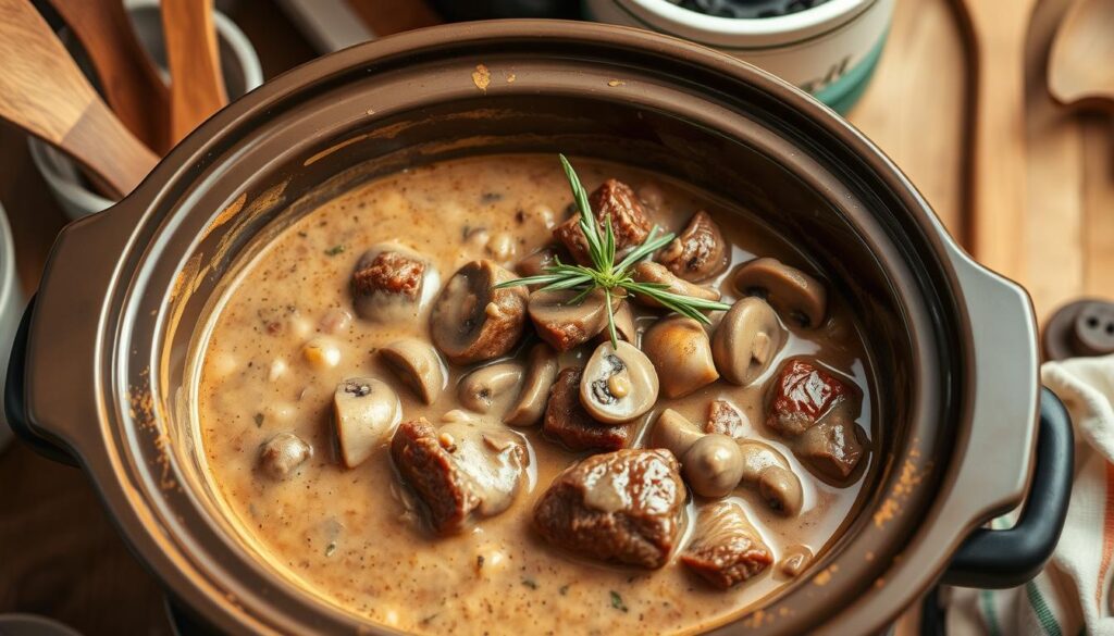 Slow cooking beef stroganoff