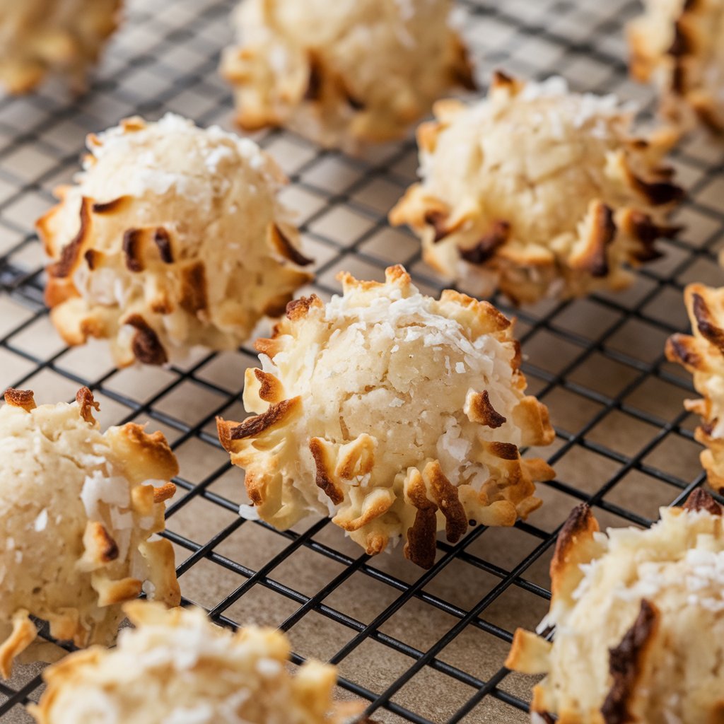 Freshly baked protein coconut macaroons on a cooling rack