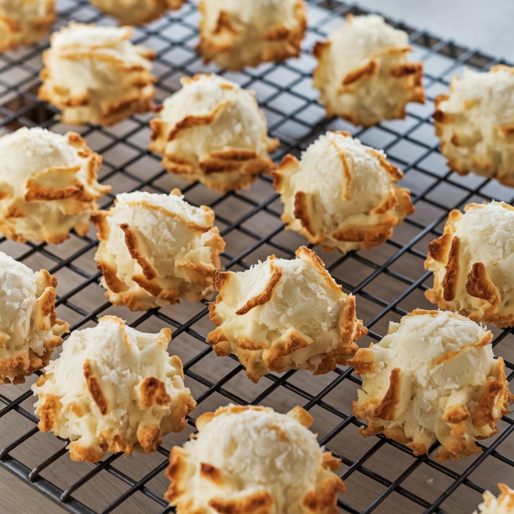 Freshly baked protein coconut macaroons on a cooling rack