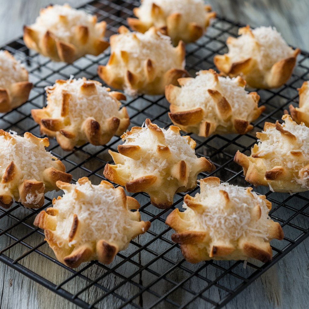 Freshly baked protein coconut macaroons on a cooling rack