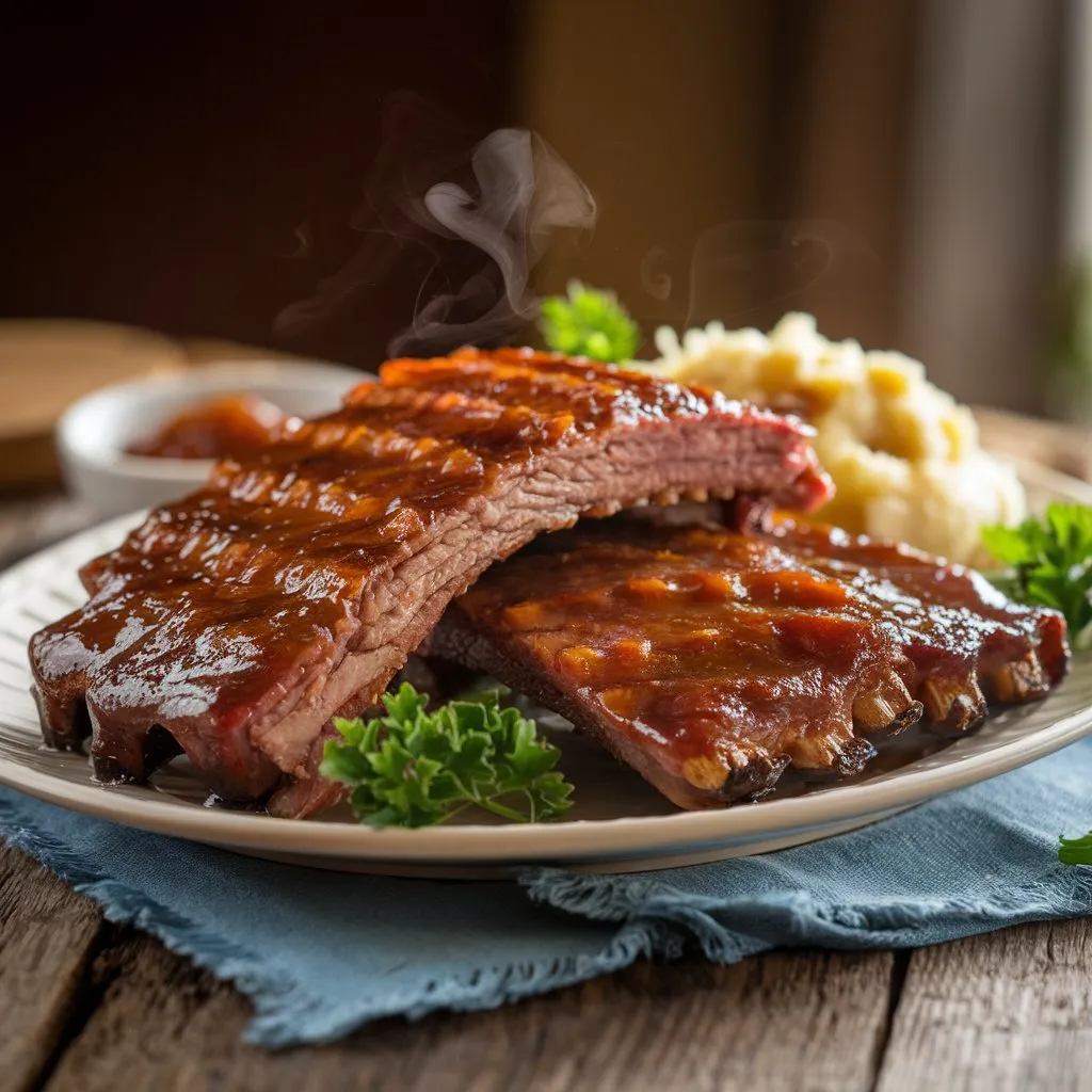 Juicy boneless beef ribs fresh out of the oven.