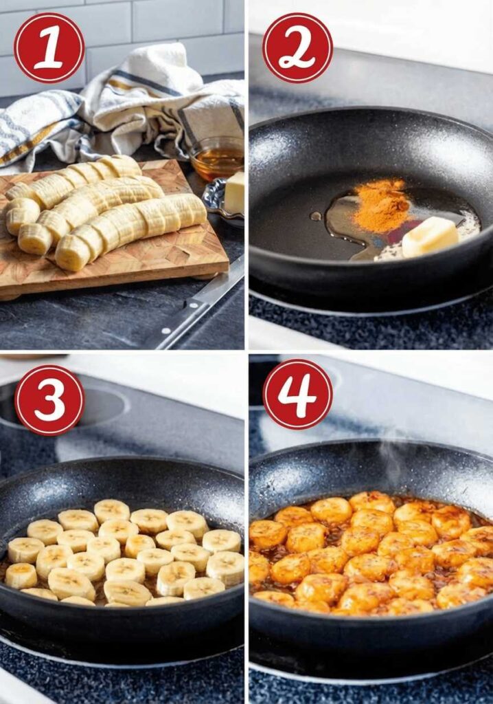 A 4-step collage showing how to slice bananas, melt butter and cinnamon in a pan, and fry banana coins until golden brown.