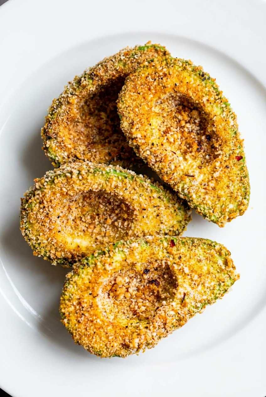 Crispy golden brown breaded avocado halves served on a white plate.