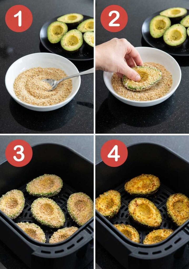 A 4-step collage showing avocado halves being dipped in breadcrumbs and placed into an air fryer basket.