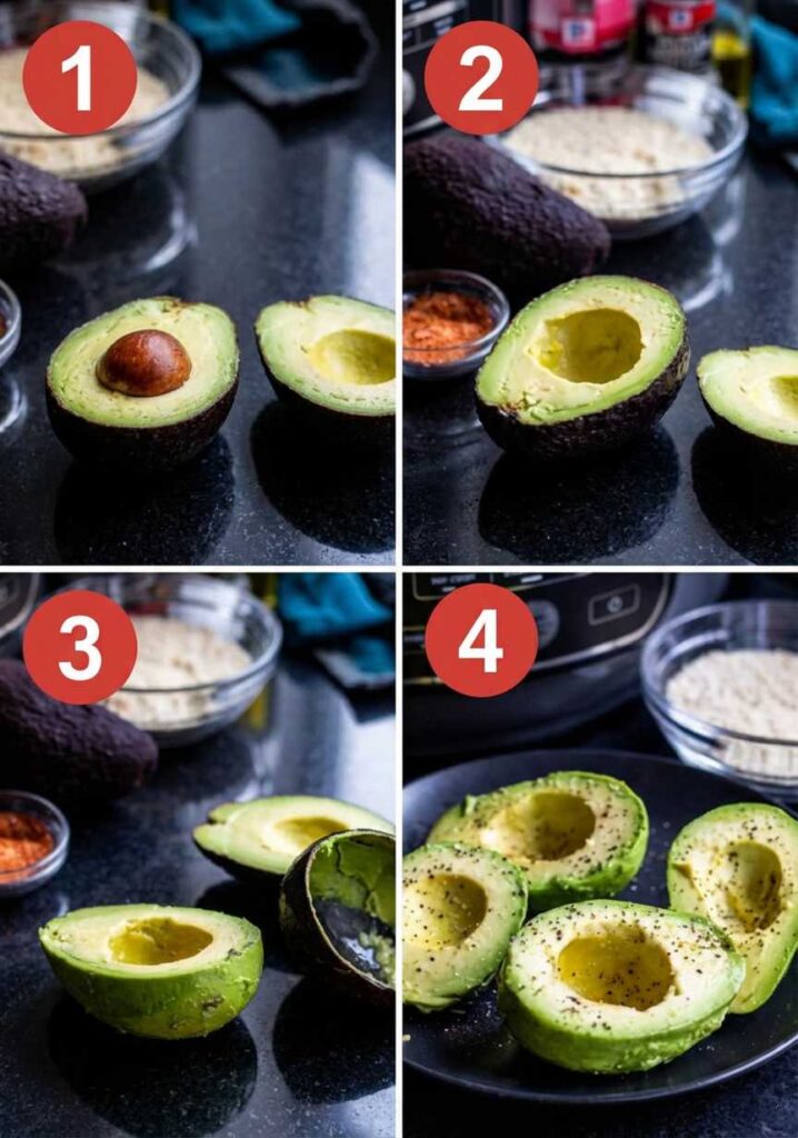 A collage showing fresh avocados being halved, pitted, and seasoned before breading.