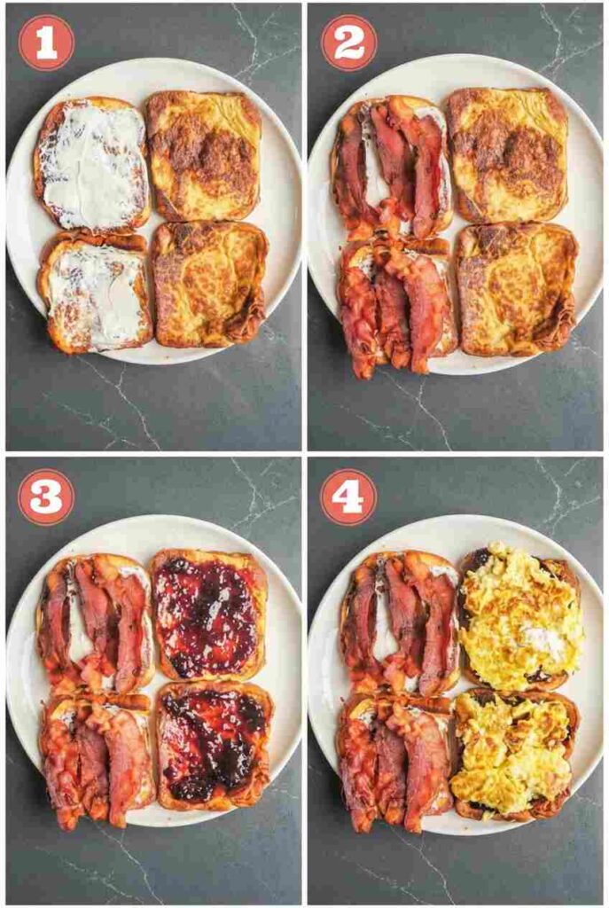 A 4-step collage showing cream cheese and blackberry jam spread on French toast slices, topped with crispy bacon and scrambled eggs.