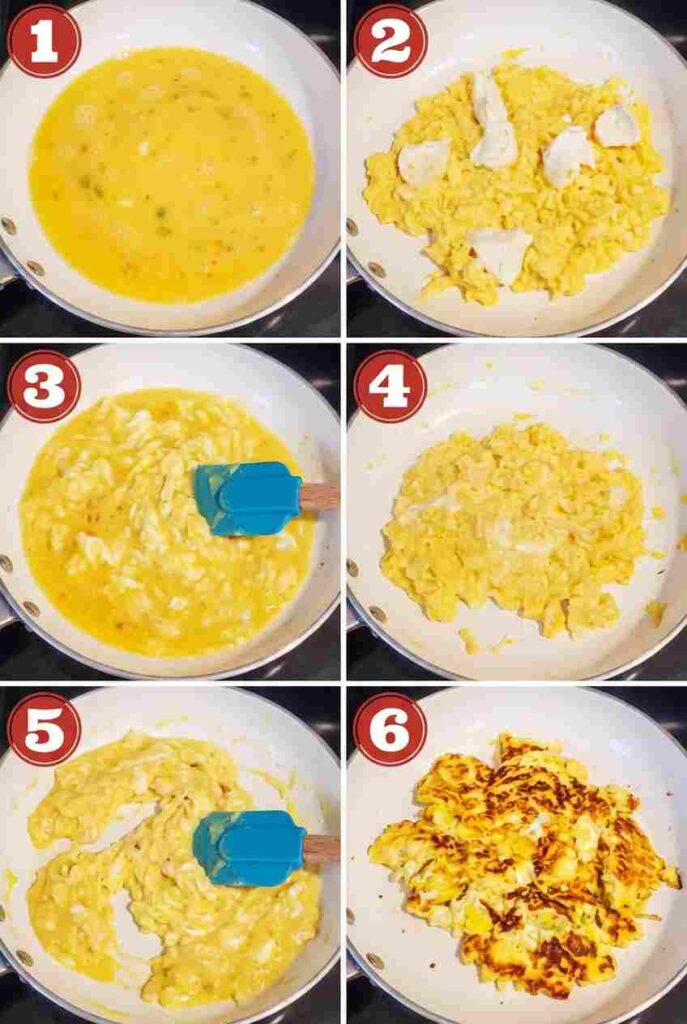 A 6-step collage showing the process of whisking eggs and cooking them in a skillet until light and fluffy.