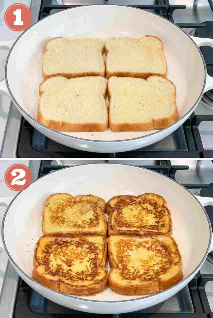 Two images showing thick bread slices in a white skillet, first raw and then flipped to show a golden-brown toasted crust.
