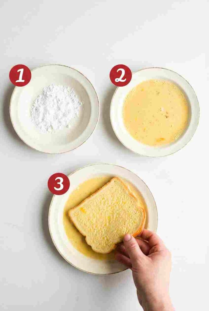 A 3-step collage showing a bowl of cinnamon sugar, a bowl of egg wash, and a hand dipping a slice of bread into the liquid mixture.
