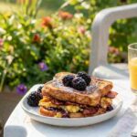 A tall French toast sandwich filled with bacon, eggs, and jam, topped with fresh blackberries and powdered sugar on a sunny outdoor table.
