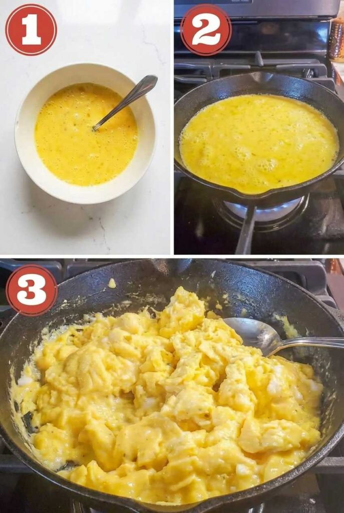 A 3-step collage showing whisked eggs in a bowl, eggs pouring into a skillet, and soft-curd scrambled eggs cooking.