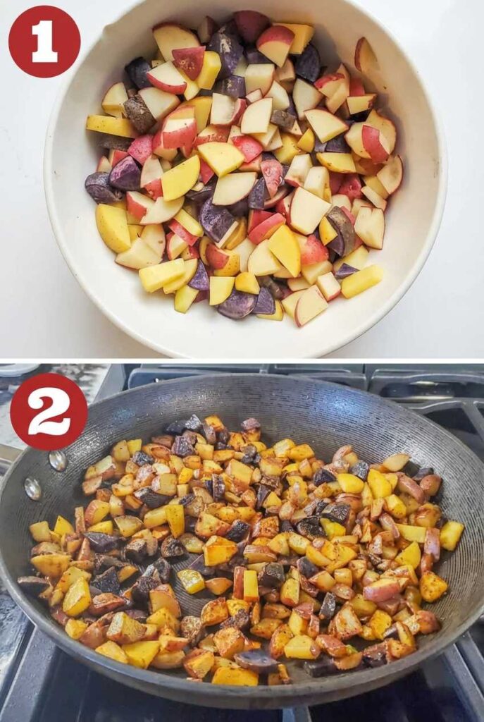 A 2-step collage showing chopped raw tri-color potatoes in a bowl and golden-brown diced potatoes frying in a pan.