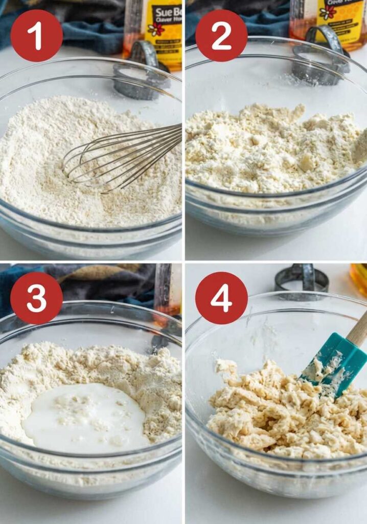 A 4-step collage showing flour being whisked, butter being cut in, adding buttermilk, and stirring with a spatula.