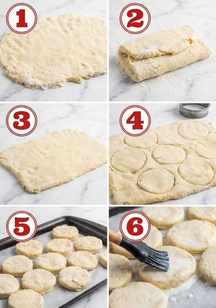 A 6-step collage showing the dough being folded for layers, rolled out, cut into circles, and brushed with butter on a baking sheet.