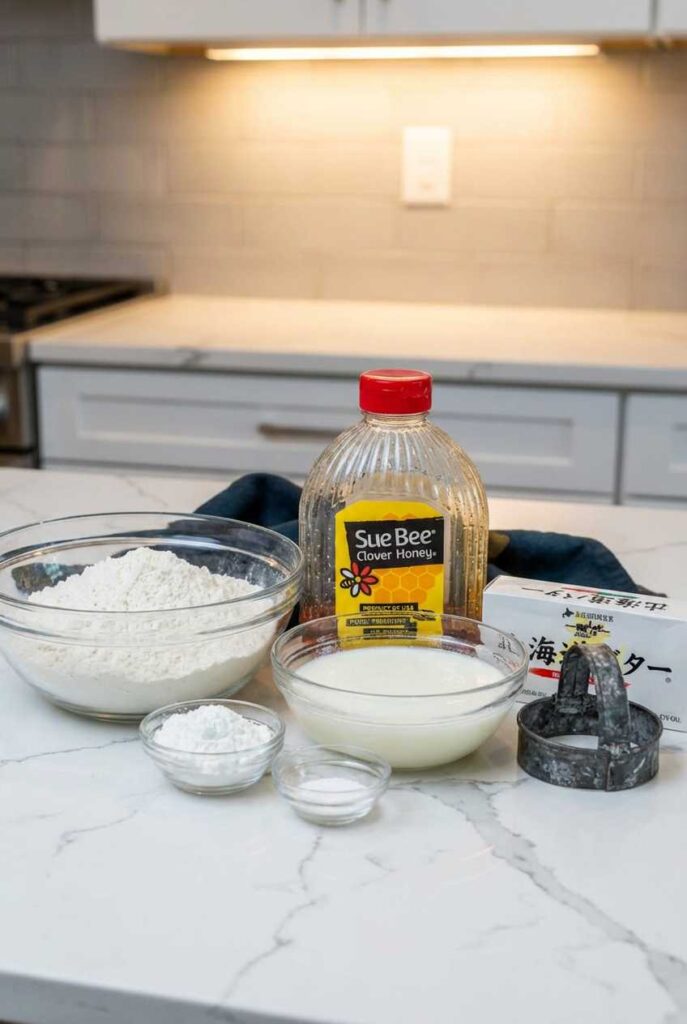 kitchen counter with bowls of flour, buttermilk, baking powder, salt, a stick of butter, and a bottle of Sue Bee honey.