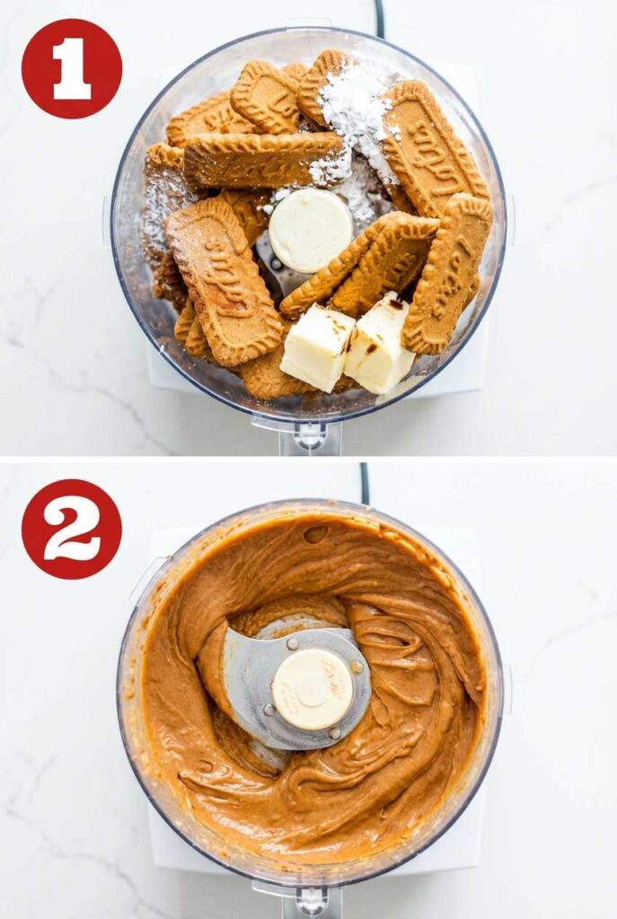 A two-step collage showing Lotus Biscoff cookies and butter in a food processor, followed by the finished creamy spread.