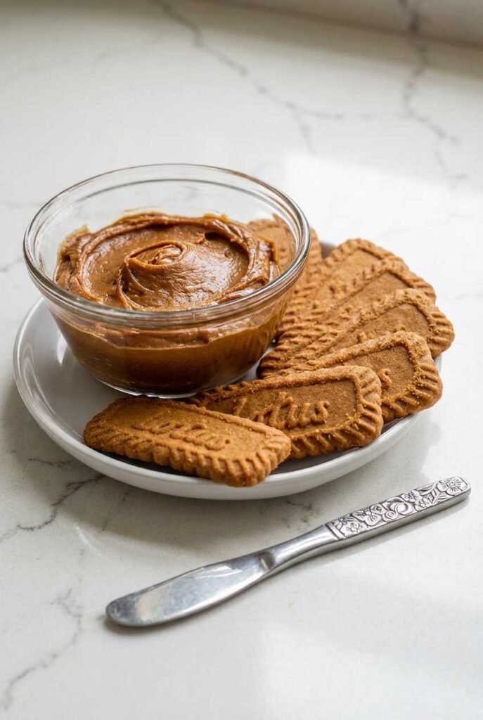 A small glass bowl of smooth cookie butter served on a plate with several Lotus Biscoff biscuits.