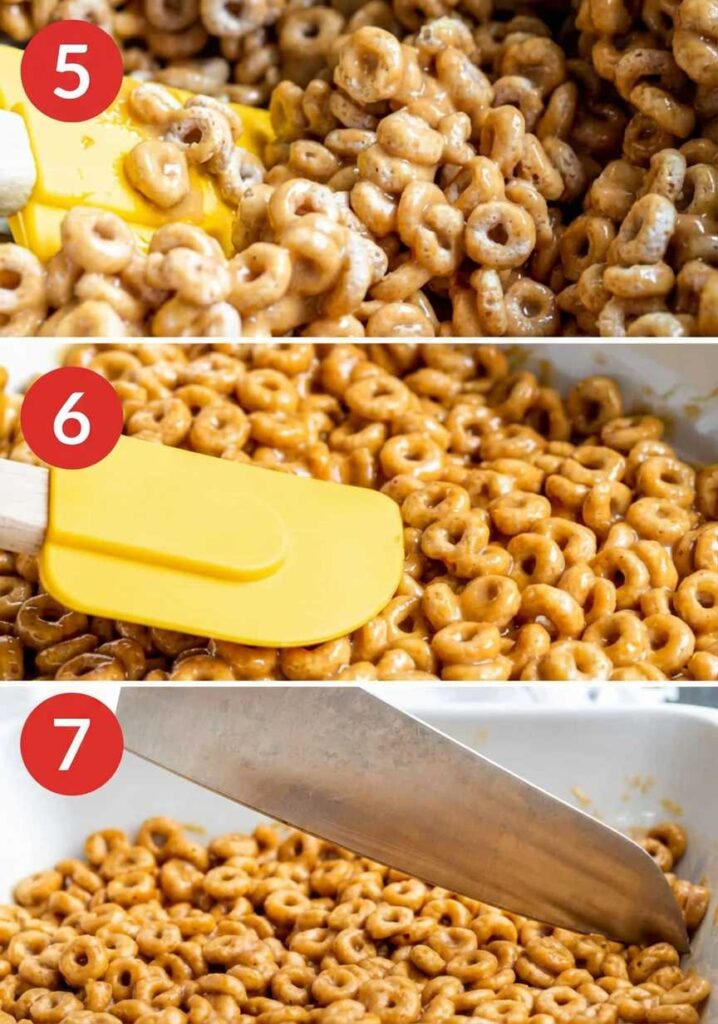 A 3-step collage showing Cheerios being folded into a peanut butter mixture with a yellow spatula and then being cut into bars with a knife.
