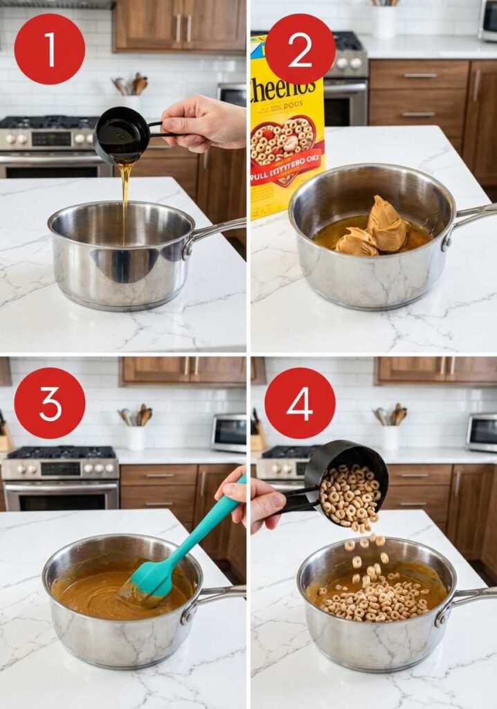 A 4-step collage showing honey being poured into a pot, adding peanut butter, whisking the mixture, and pouring in the Cheerios.