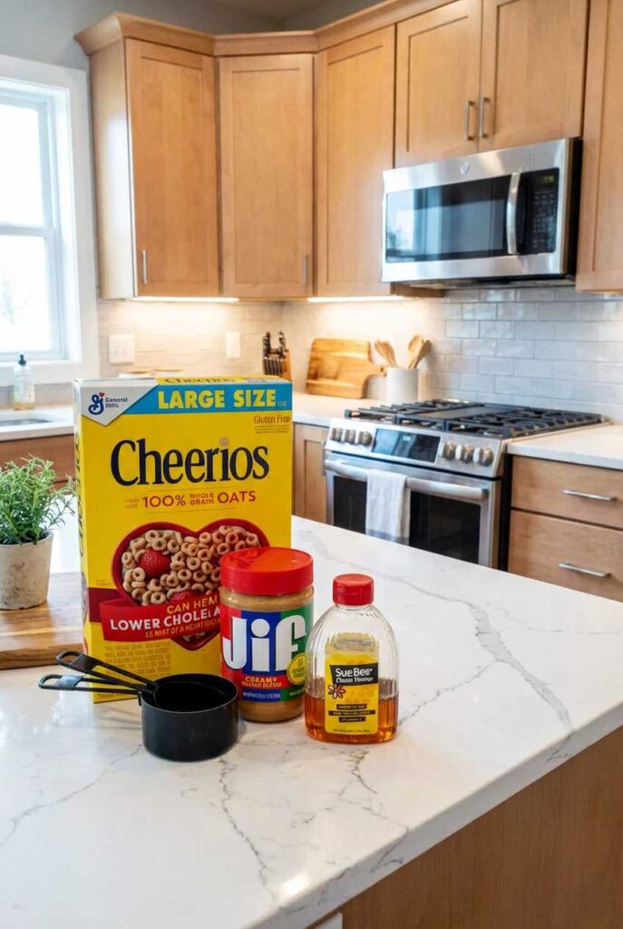 A box of Cheerios, a jar of Jif peanut butter, a bottle of honey, and a measuring cup on a white marble countertop in a modern kitchen.