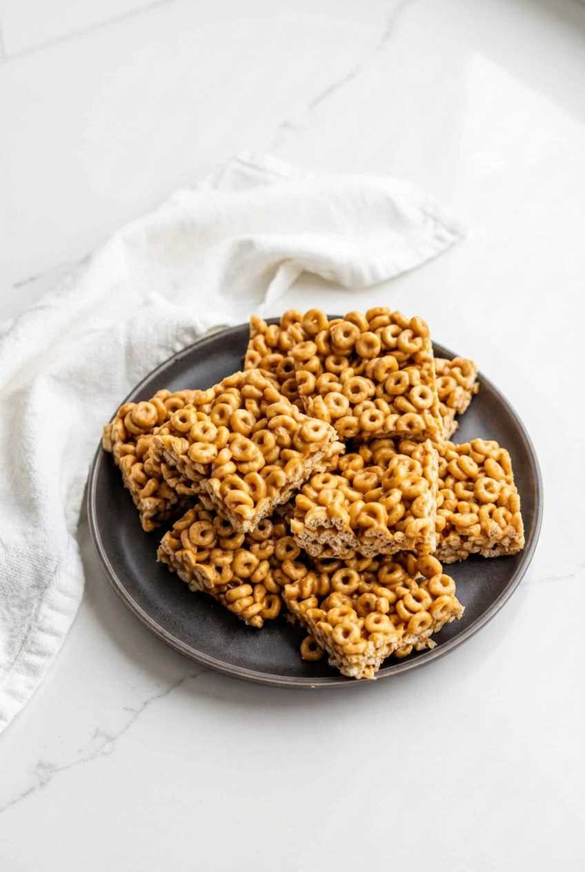 A stack of square peanut butter cereal bars served on a dark gray plate with a white napkin nearby.