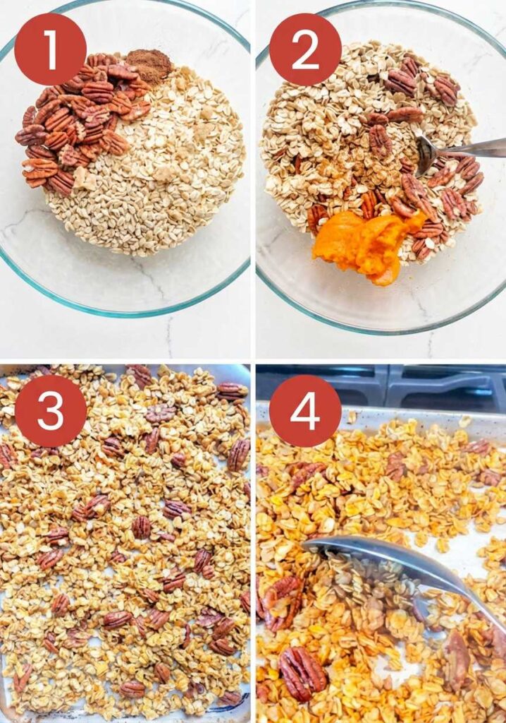 A 4-step collage showing oats and pecans in a bowl, adding pumpkin puree, spreading the mixture on a baking sheet, and stirring after baking.
