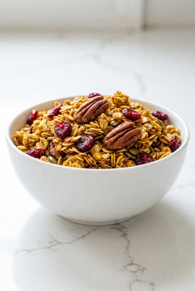 A side view of a white ceramic bowl overflowing with toasted pumpkin spice granola, pecans, and red dried berries on a marble surface.