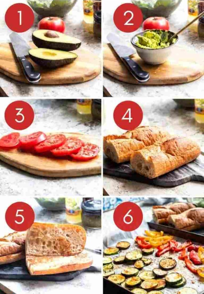 A 6-panel collage showing a hand slicing avocados, prepping pesto, slicing tomatoes, cutting a baguette, and roasting bell peppers and zucchini on a baking sheet.