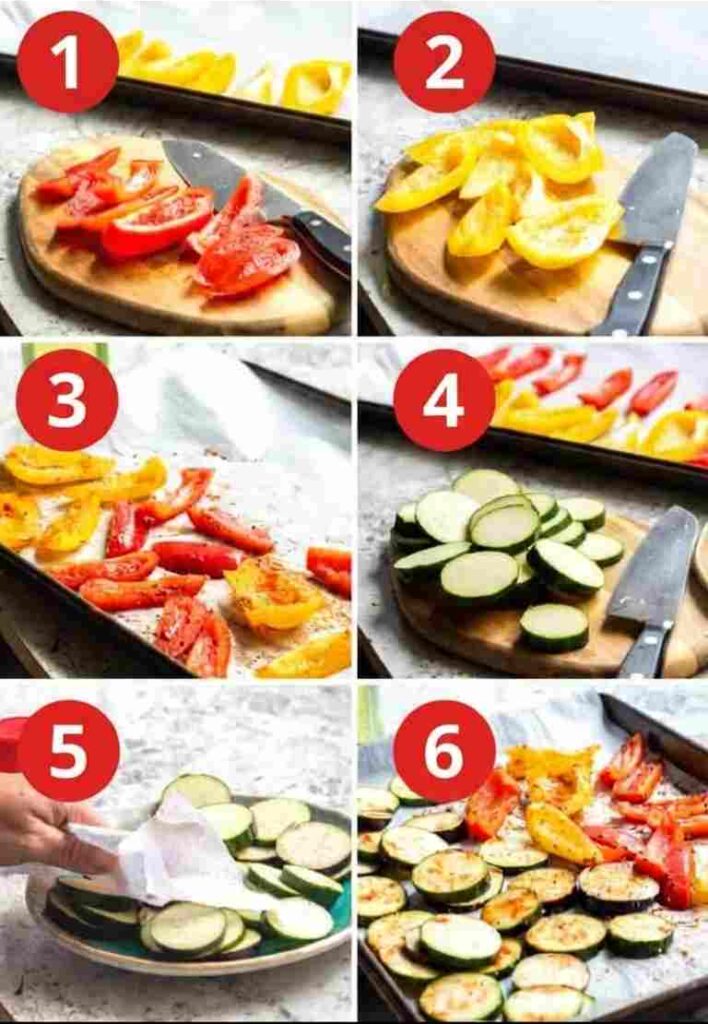 A 6-panel collage showing the process of slicing red and yellow bell peppers and green zucchini into uniform pieces on a wooden cutting board.