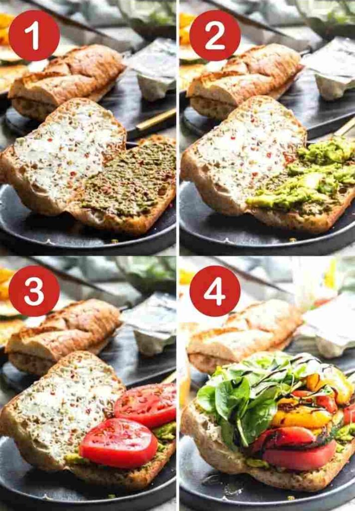 A 4-panel collage showing a baguette being spread with pesto, topped with mashed avocado, layered with tomatoes, and finished with roasted vegetables and greens.