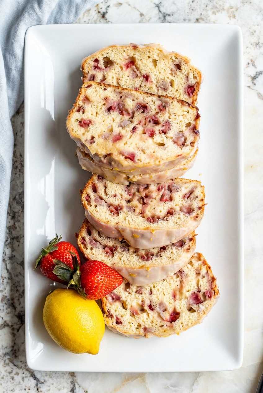 Thick slices of strawberry loaf cake with a white lemon glaze, served on a rectangular white platter with fresh strawberries and a lemon.