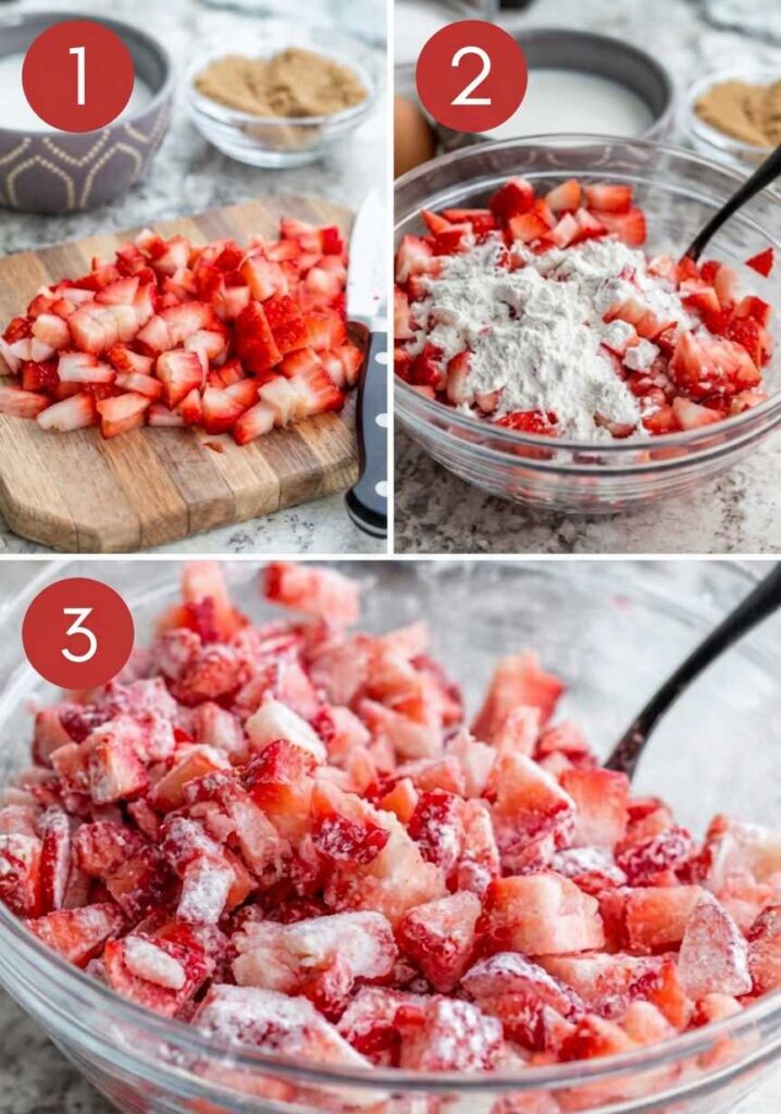 A 3-step collage showing fresh strawberries being chopped on a board and tossed with flour in a glass bowl.