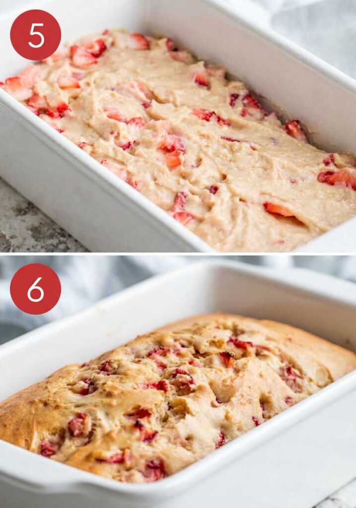 Two images showing the raw pink strawberry cake batter in a loaf pan and the finished golden brown cake after baking.