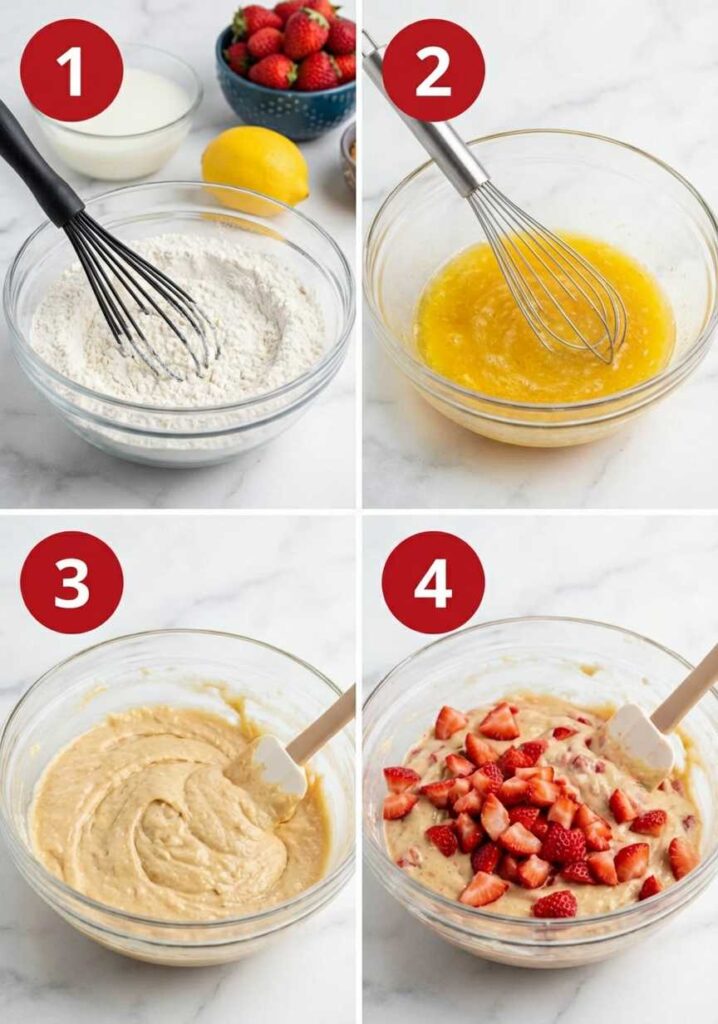 A 4-step collage showing dry ingredients being whisked, wet ingredients combined, and chopped strawberries folded into the thick batter.