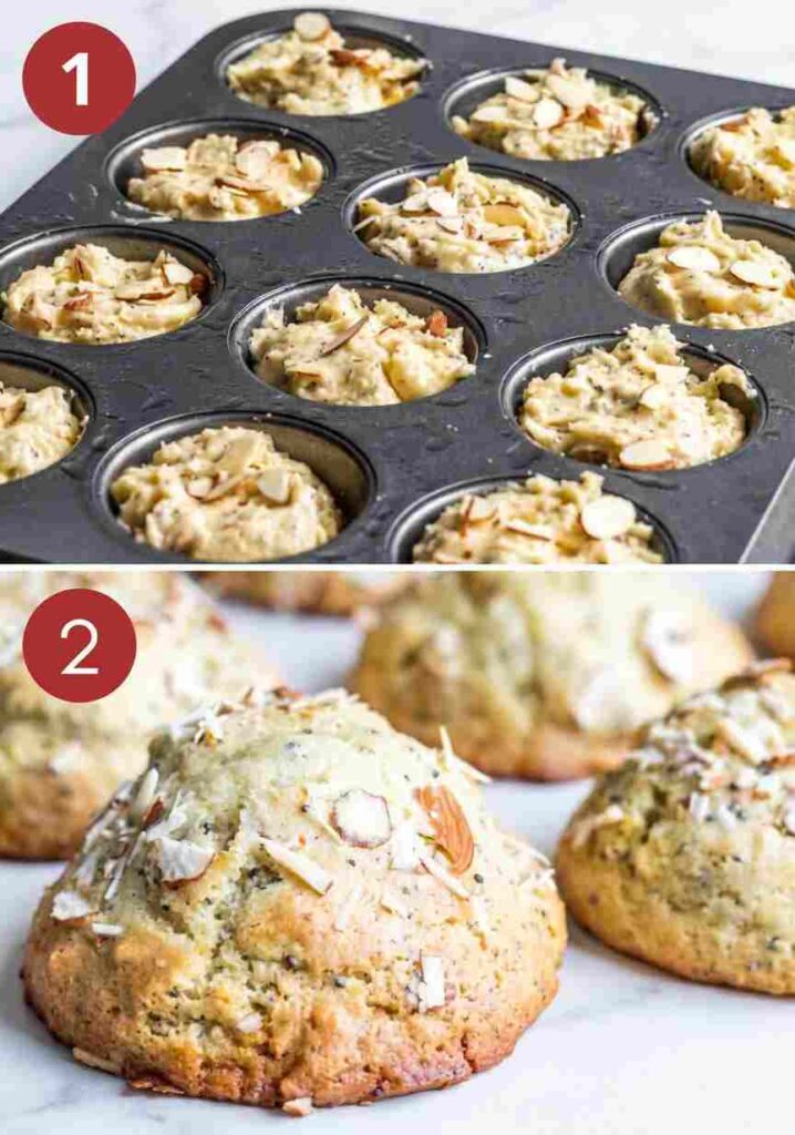 A two-step collage showing muffin batter in a tin before baking and a close-up of a golden-brown muffin top after baking.