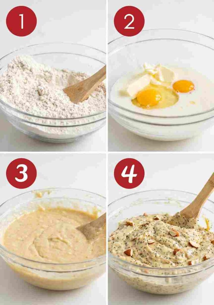 A 4-step collage showing dry ingredients being whisked, wet ingredients combined, and the final thick batter with poppy seeds and almonds.